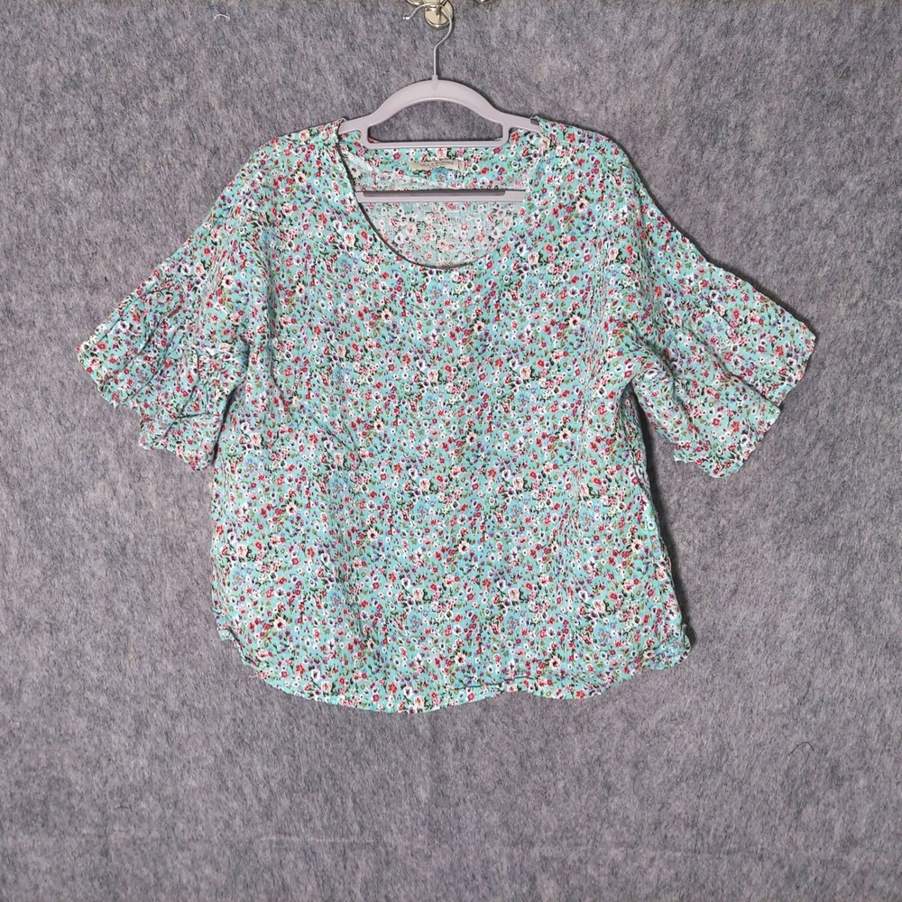 Viola Borghi Blouse L Floral Short Sleeve 100%‎ Linen Woven Cottage Garden Italy